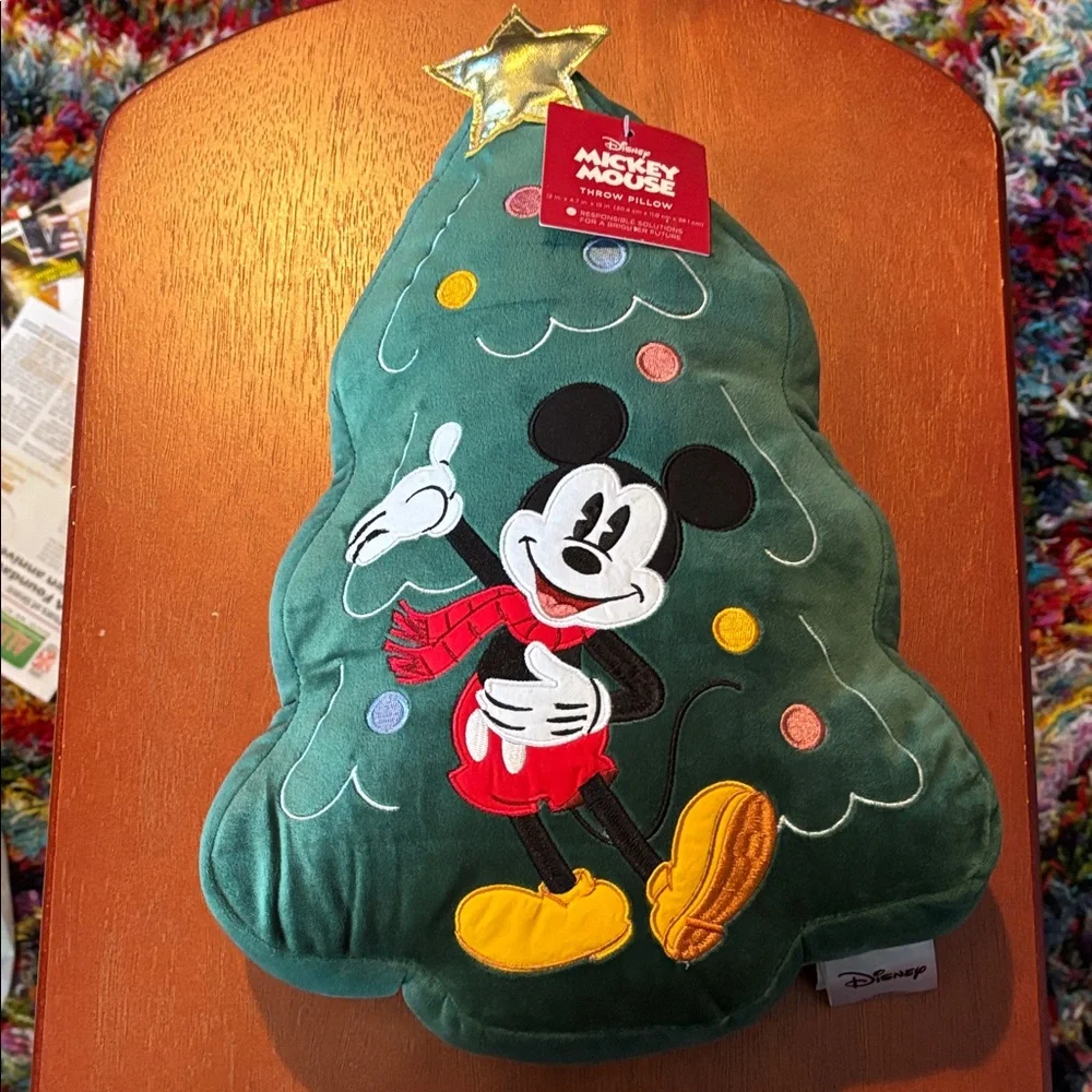 Disney Green Christmas Tree Shaped Mickey Mouse Holiday Pillow NWT
